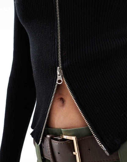 Ribbed Knitted Zip Front Jumper