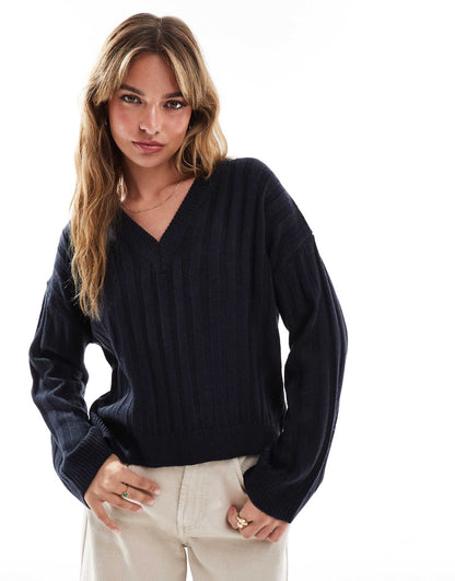 Ribbed V-Neck Jumper