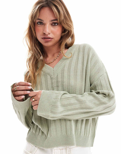 Ribbed V-Neck Jumper