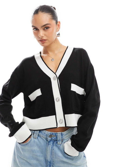 Contrast Trim Cardigan With Diamante Buttons
