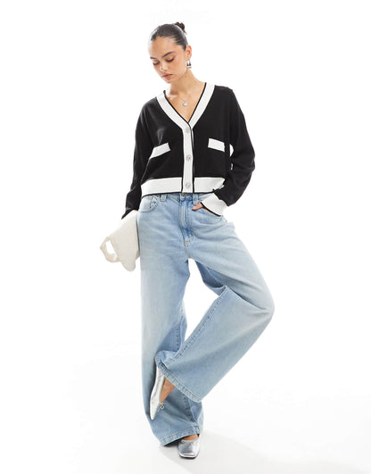 Contrast Trim Cardigan With Diamante Buttons