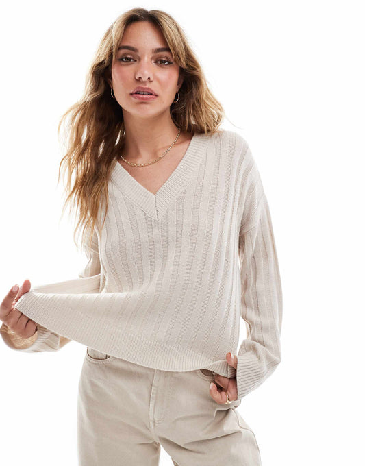 Ribbed V-Neck Jumper