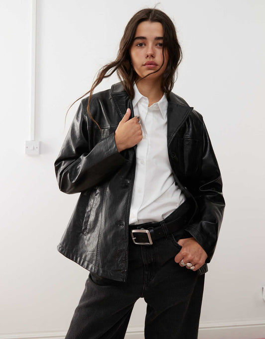 90S Washed Leather Look Blazer Coat