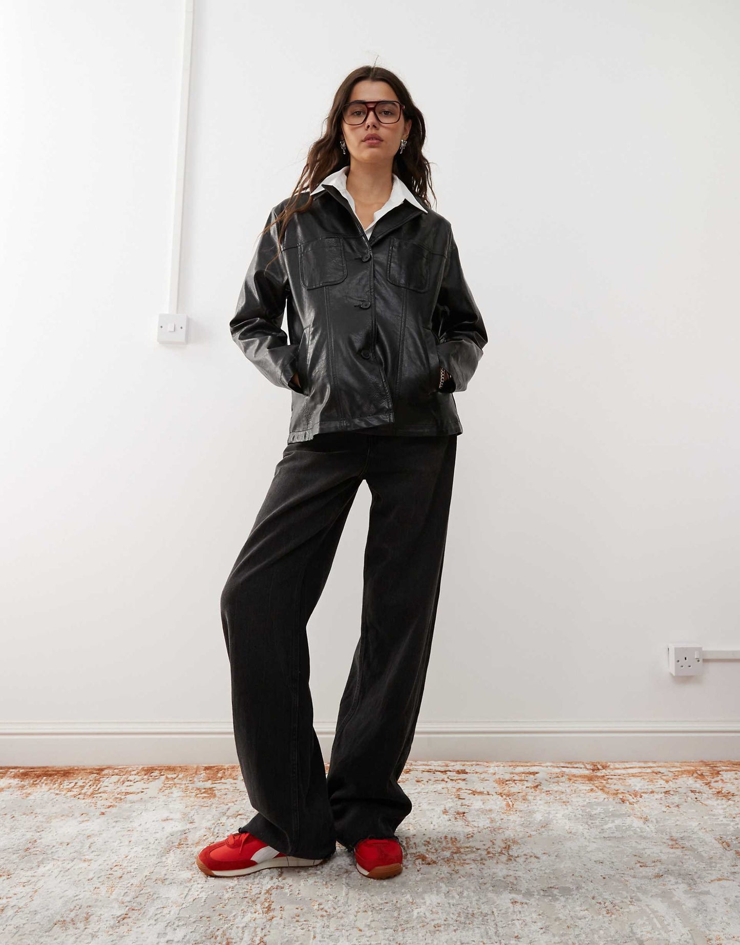 90S Washed Leather Look Blazer Coat