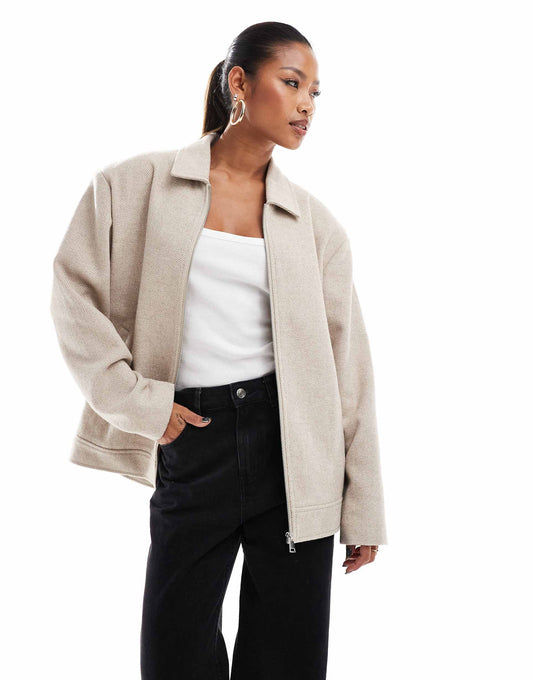 Wool Look Zip Through Oversized Jacket