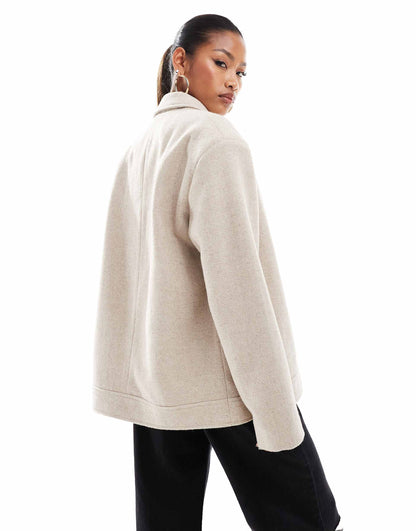 Wool Look Zip Through Oversized Jacket