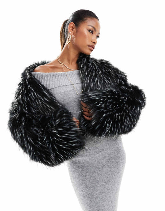 Cropped Faux Fur Oversized Collar Jacket