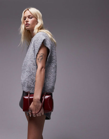 Knitted Crew Boucle Rib Off Shoulder Relaxed Vest