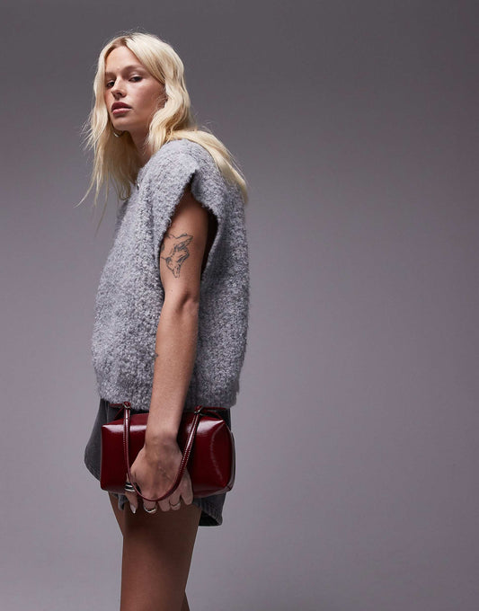 Knitted Crew Boucle Rib Off Shoulder Relaxed Vest