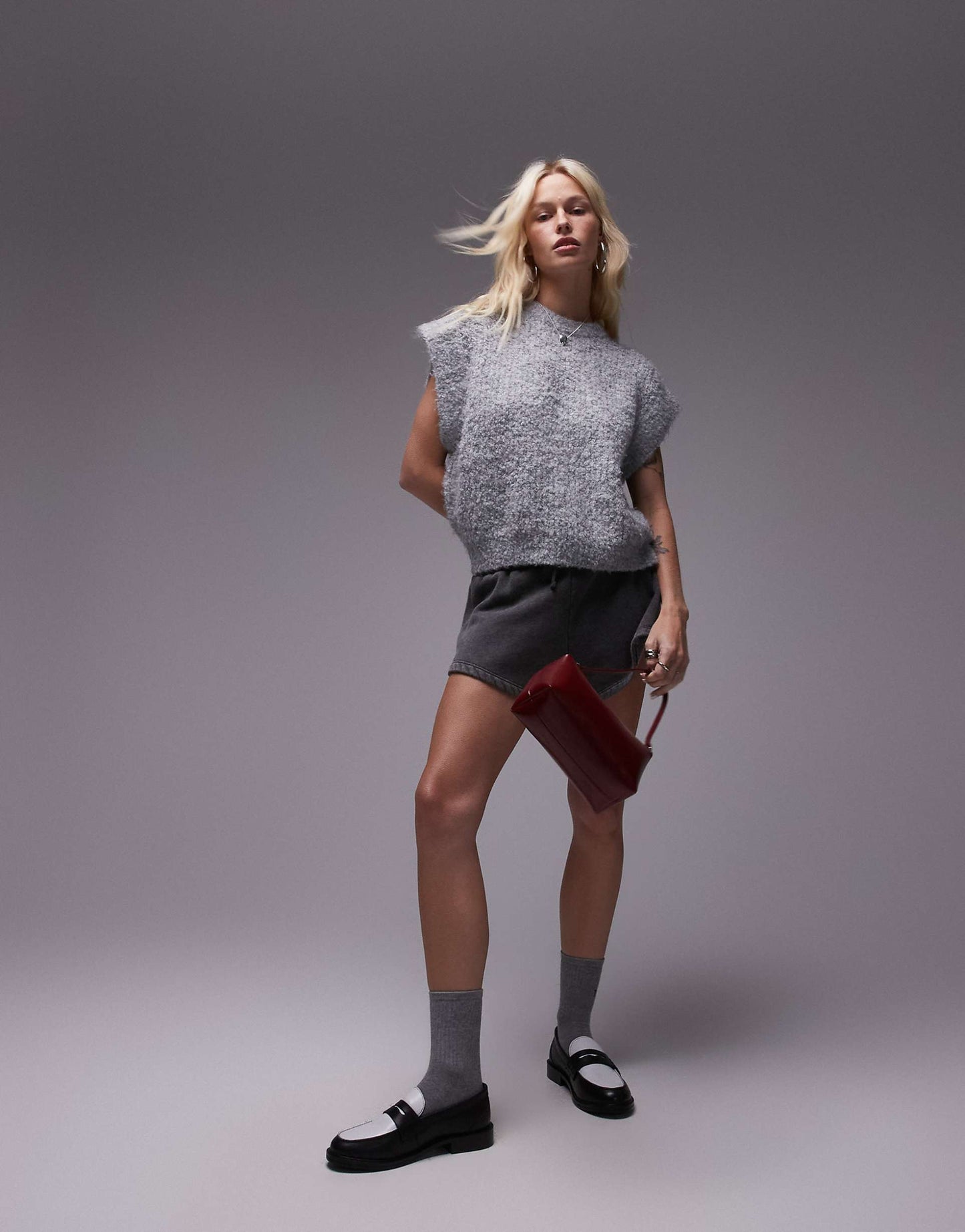 Knitted Crew Boucle Rib Off Shoulder Relaxed Vest