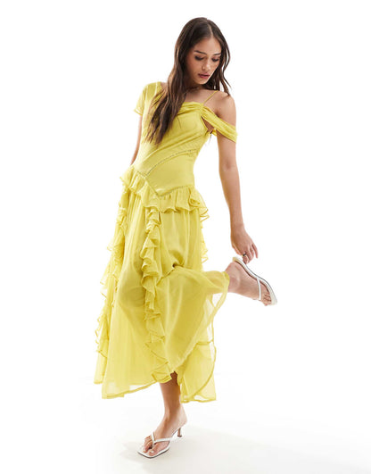 Ladder Trim Ruffle Hem Drape Midi Dress