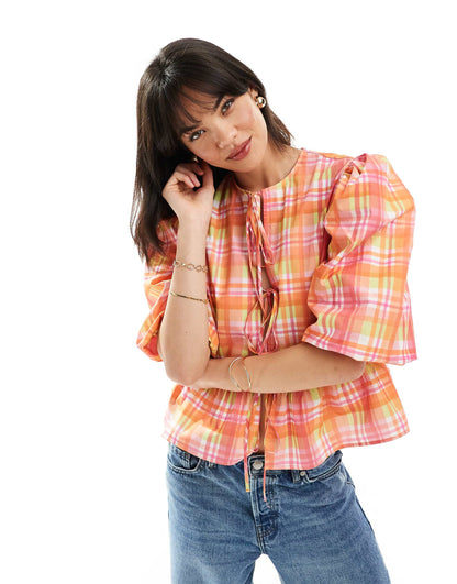 Cotton Poplin Peplum Tie Shirt