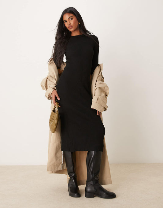 Crew Neck Ribbed Knitted Midi Dress