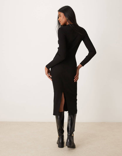 Crew Neck Ribbed Knitted Midi Dress