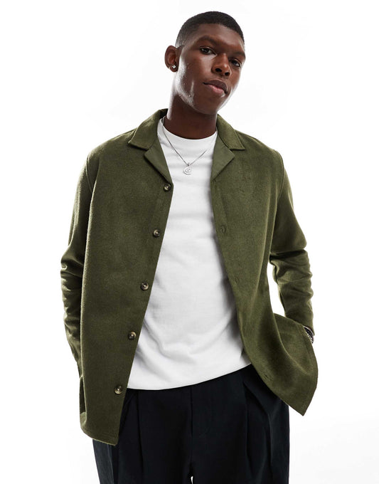 Brushed Wool Look Overshirt With Revere Collar