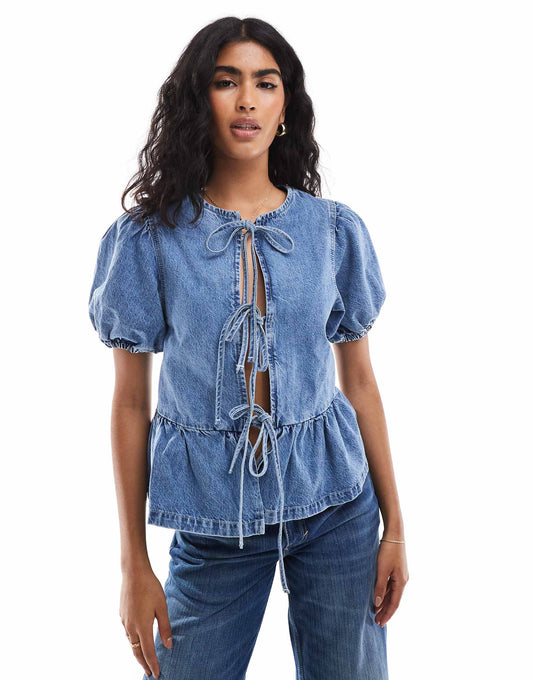 Puff Sleeve Denim Blouse With Tie Front