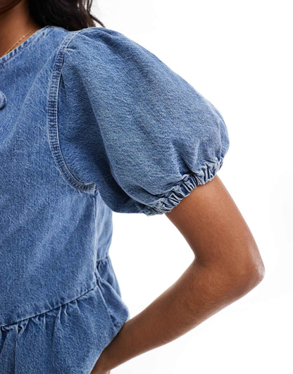 Puff Sleeve Denim Blouse With Tie Front