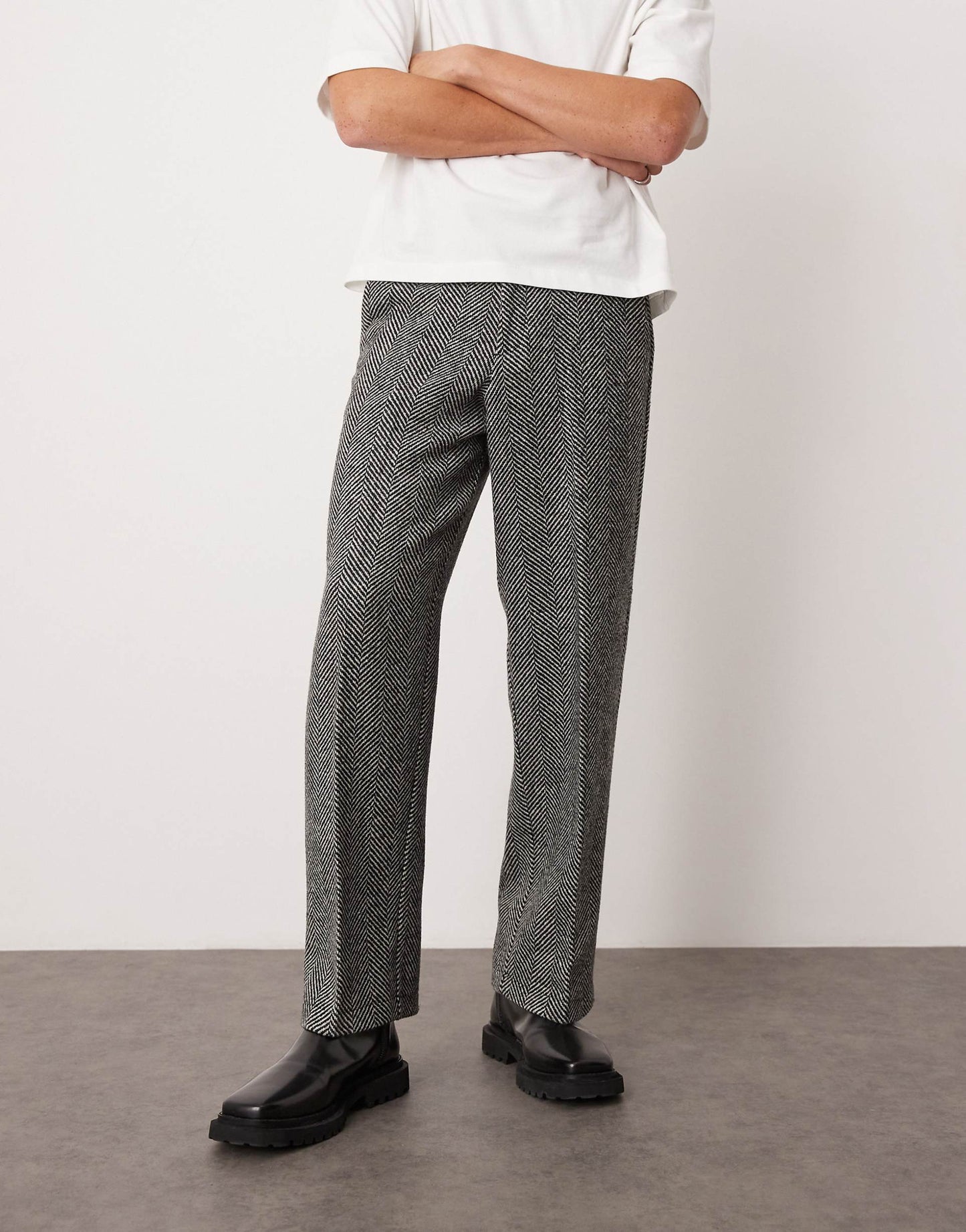 Smart Wide Leg Wool Blend Herringbone Trousers
