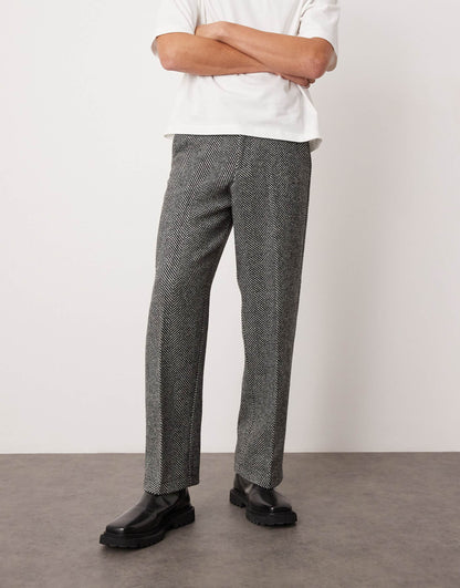 Smart Wide Leg Wool Blend Herringbone Trousers