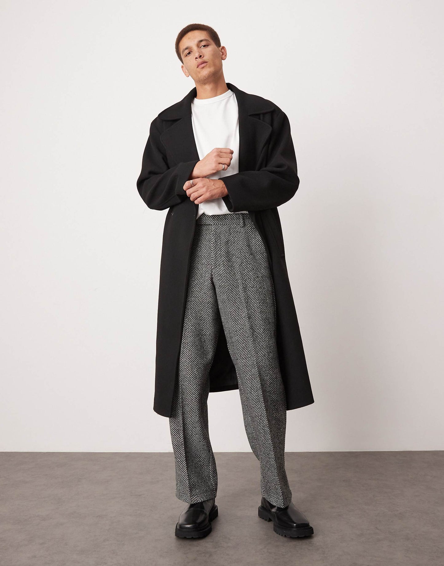 Smart Wide Leg Wool Blend Herringbone Trousers