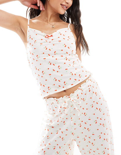 Mix & Match Cherry Print  Frill Edge Cami Vest Pyjama Top