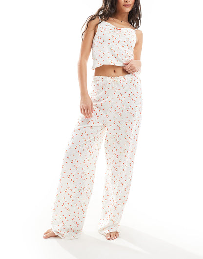 Mix & Match Cherry Print  Frill Edge Cami Vest Pyjama Top