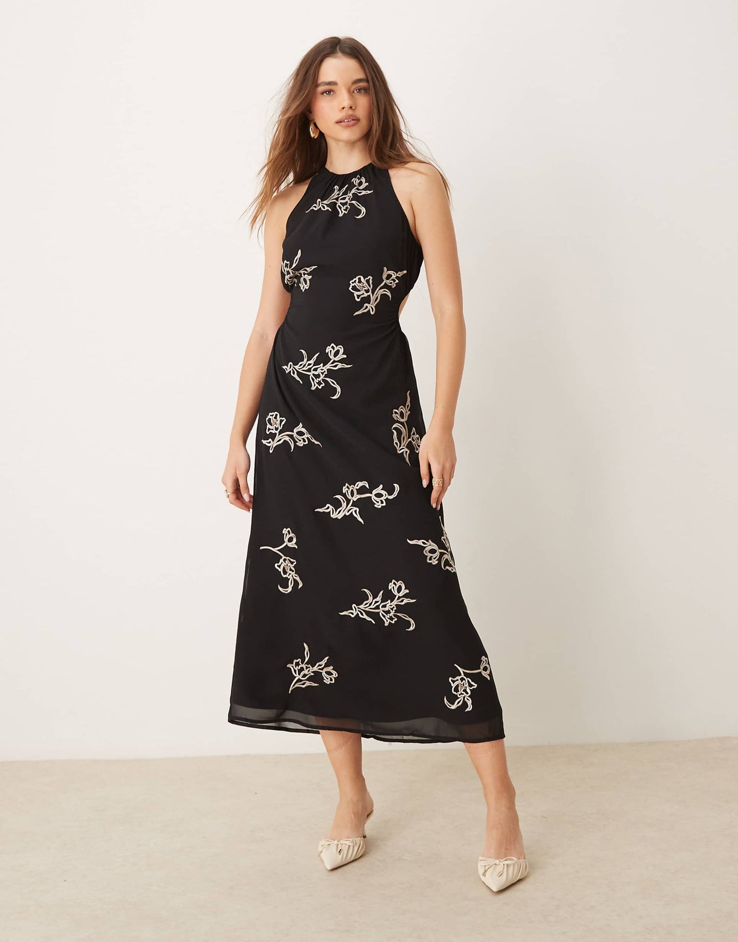 All Over Floral Embroidered Halter Midi Dress With Open Back