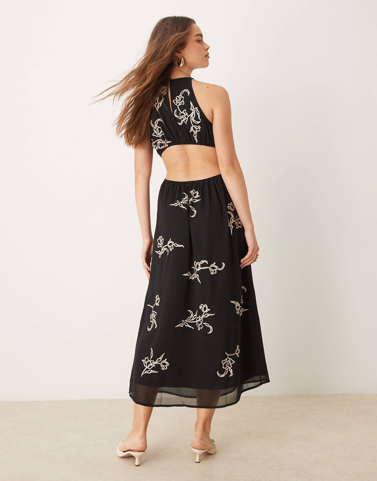 All Over Floral Embroidered Halter Midi Dress With Open Back