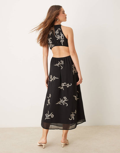 All Over Floral Embroidered Halter Midi Dress With Open Back