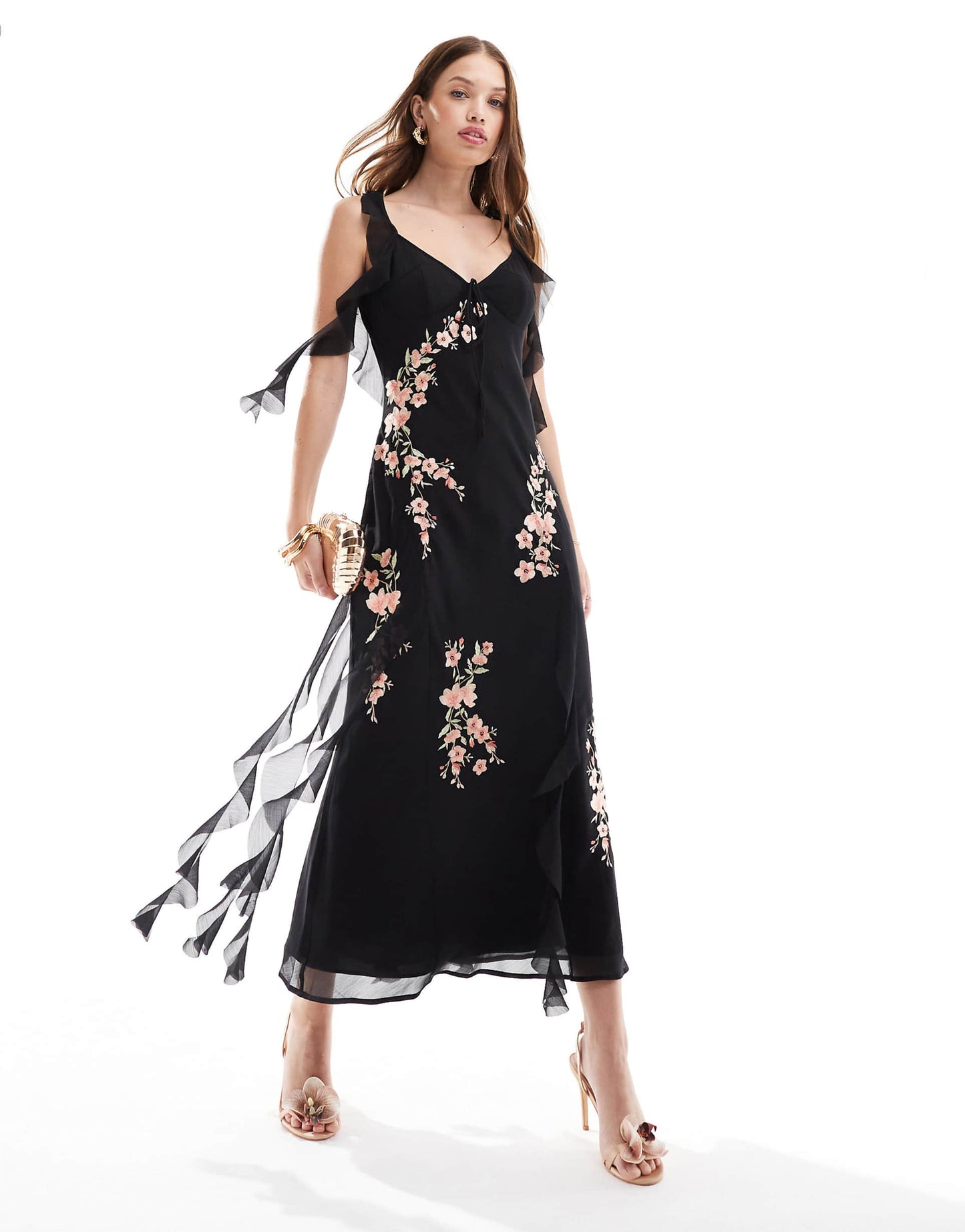 Ruffle Embroidered Midaxi Dress With Bow Back