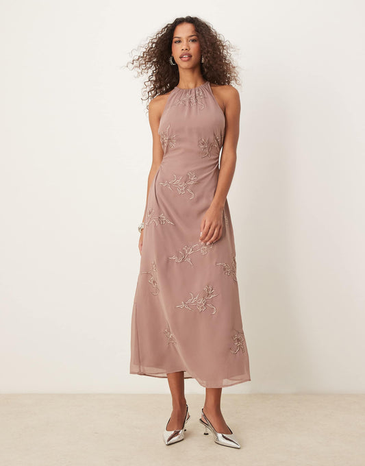 All Over Floral Embroidered Halter Maxi Dress With Open Back