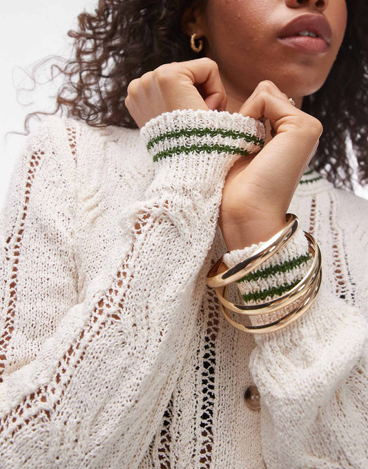 Knitted Contrast Green Tipping Cable Cardigan