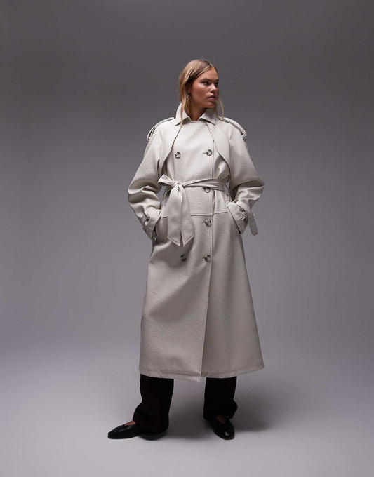 Textured Faux Leather Trench Coat