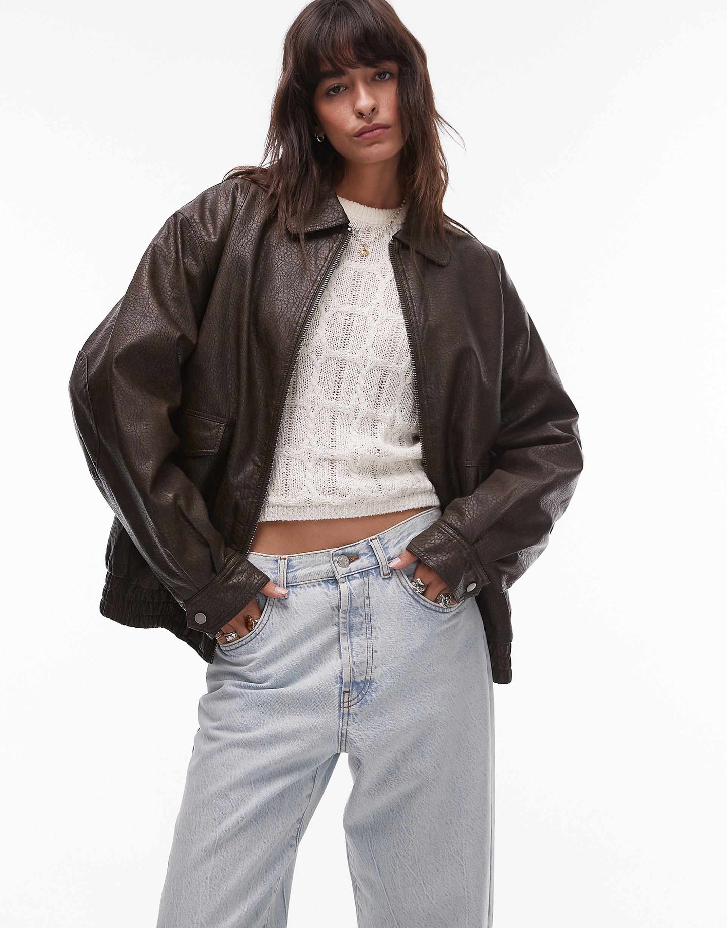 Textured Faux Leather Oversized Collar Bomber Jacket