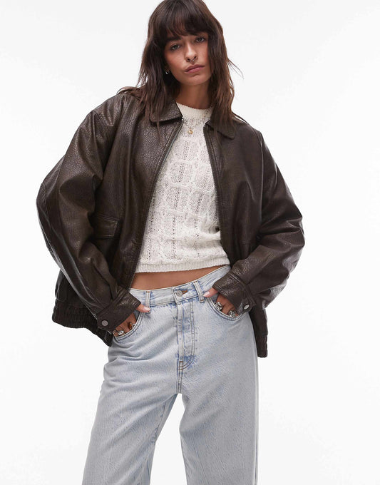 Textured Faux Leather Oversized Collar Bomber Jacket