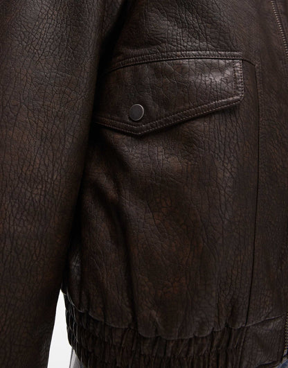 Textured Faux Leather Oversized Collar Bomber Jacket