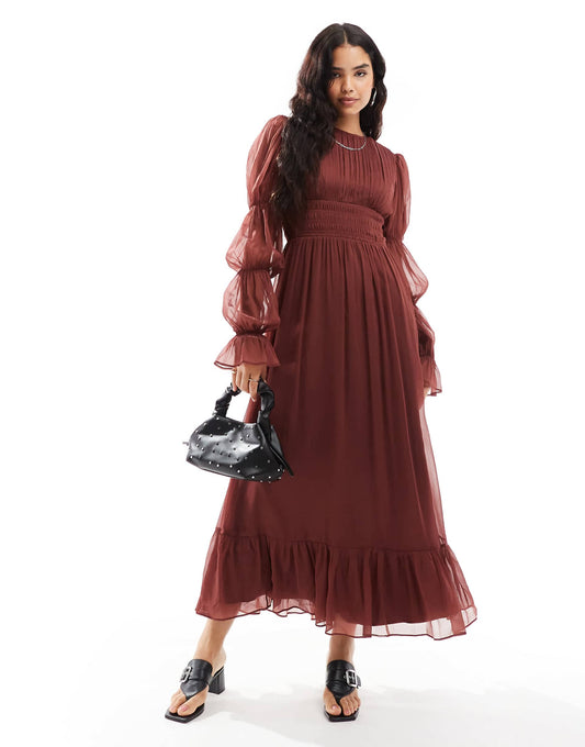 Shirred Waist Blouson Tier Sleeve Maxi Dress