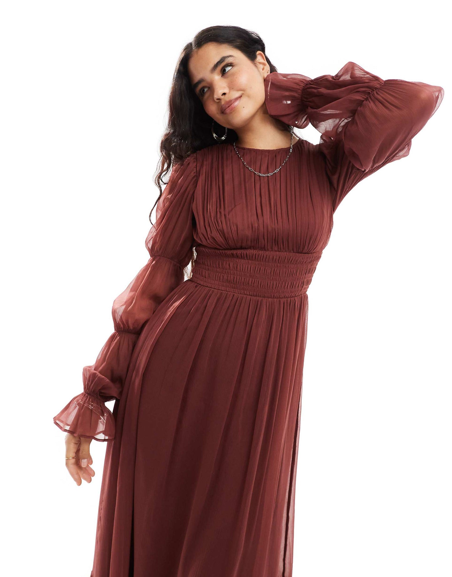 Shirred Waist Blouson Tier Sleeve Maxi Dress