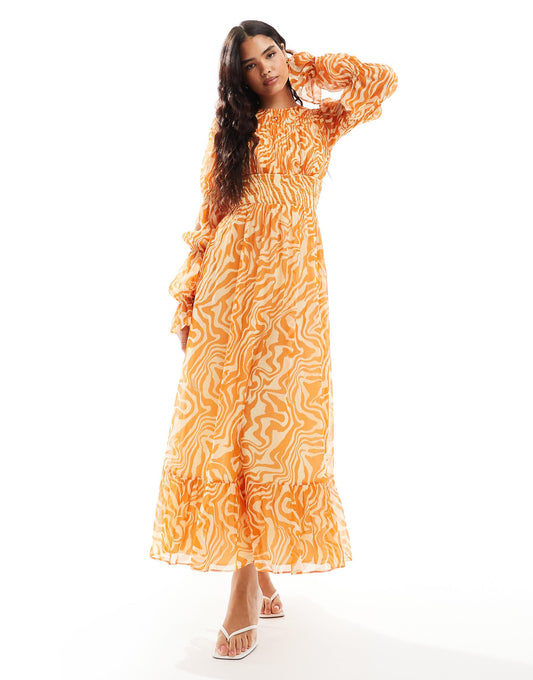 Shirred Waist Blouson Tier Sleeve Maxi Dress