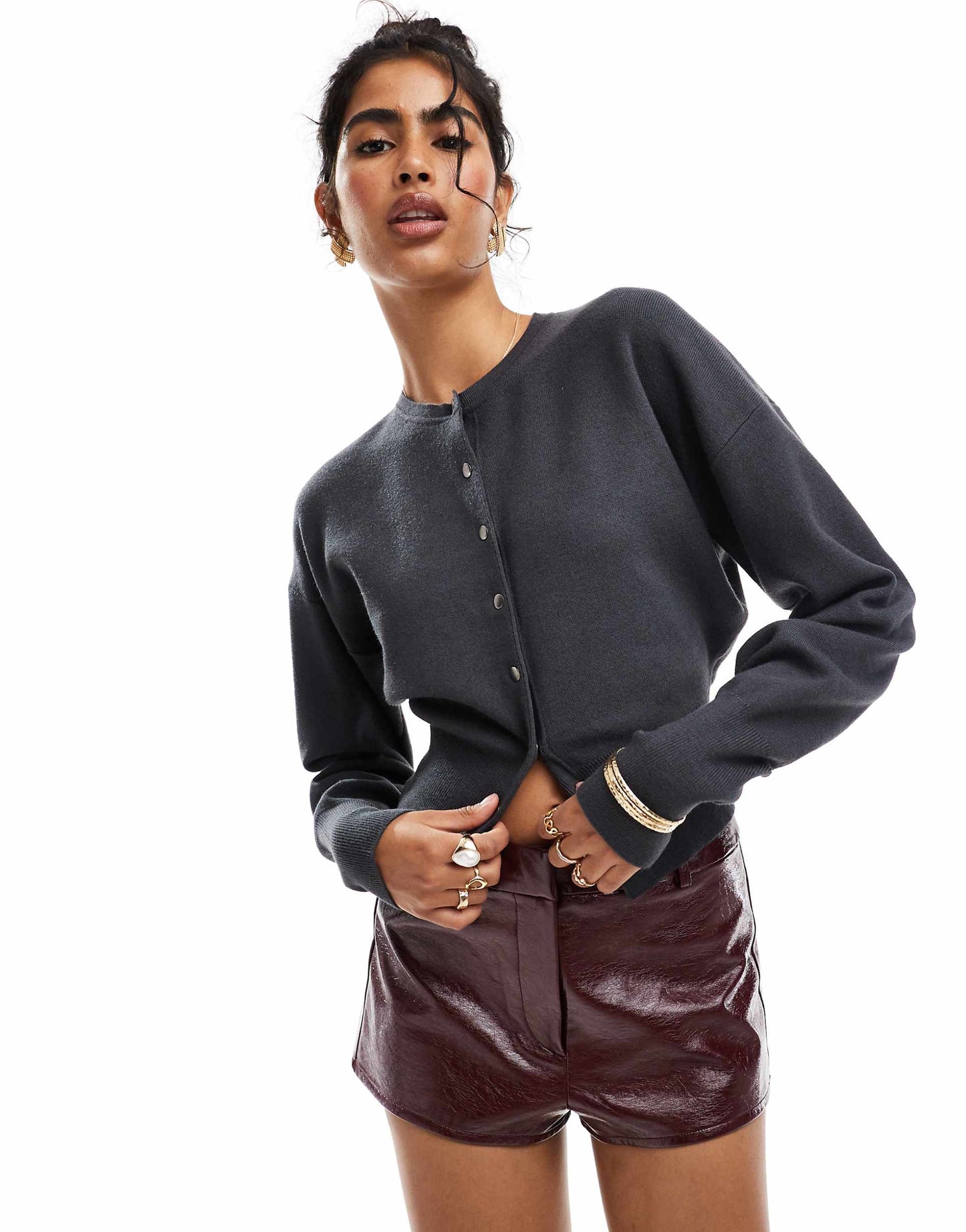 Crew Neck Cardigan With Rib Hem Detail