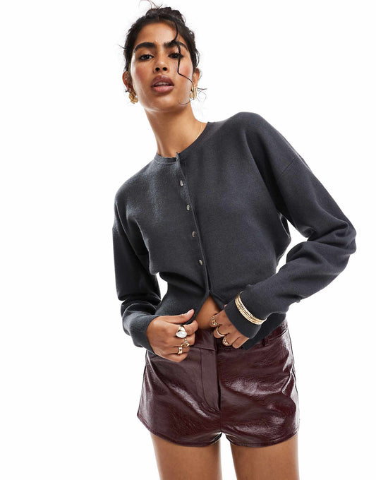 Crew Neck Cardigan With Rib Hem Detail