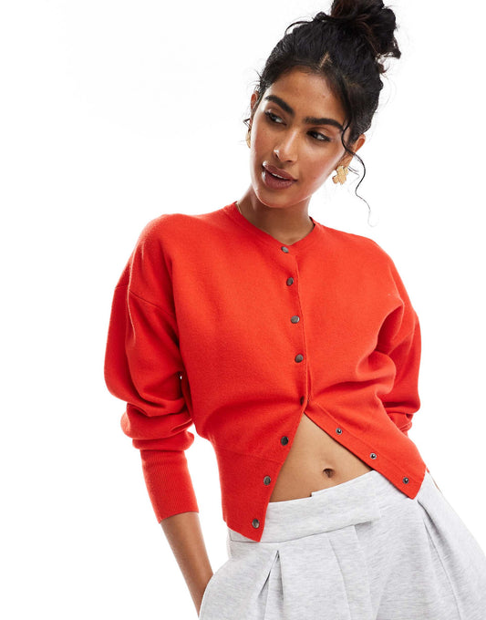 Crew Neck Cardigan With Rib Hem Detail