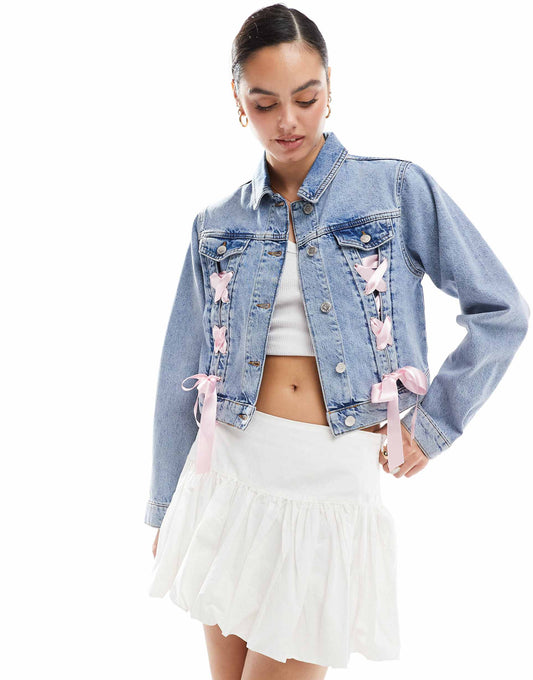 Satin Ribbon Tie Detail Denim Girlfriend Jacket