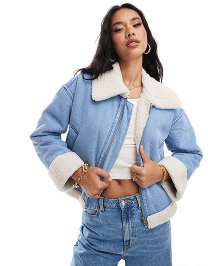 Cropped Denim Borg Trim Jacket