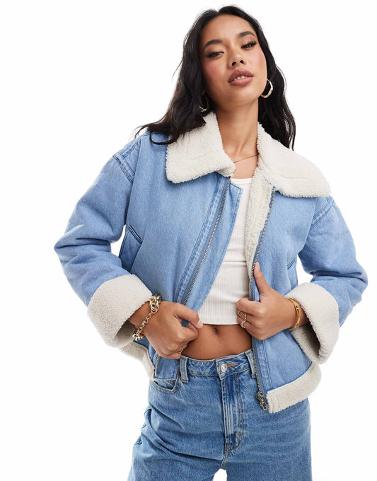 Cropped Denim Borg Trim Jacket