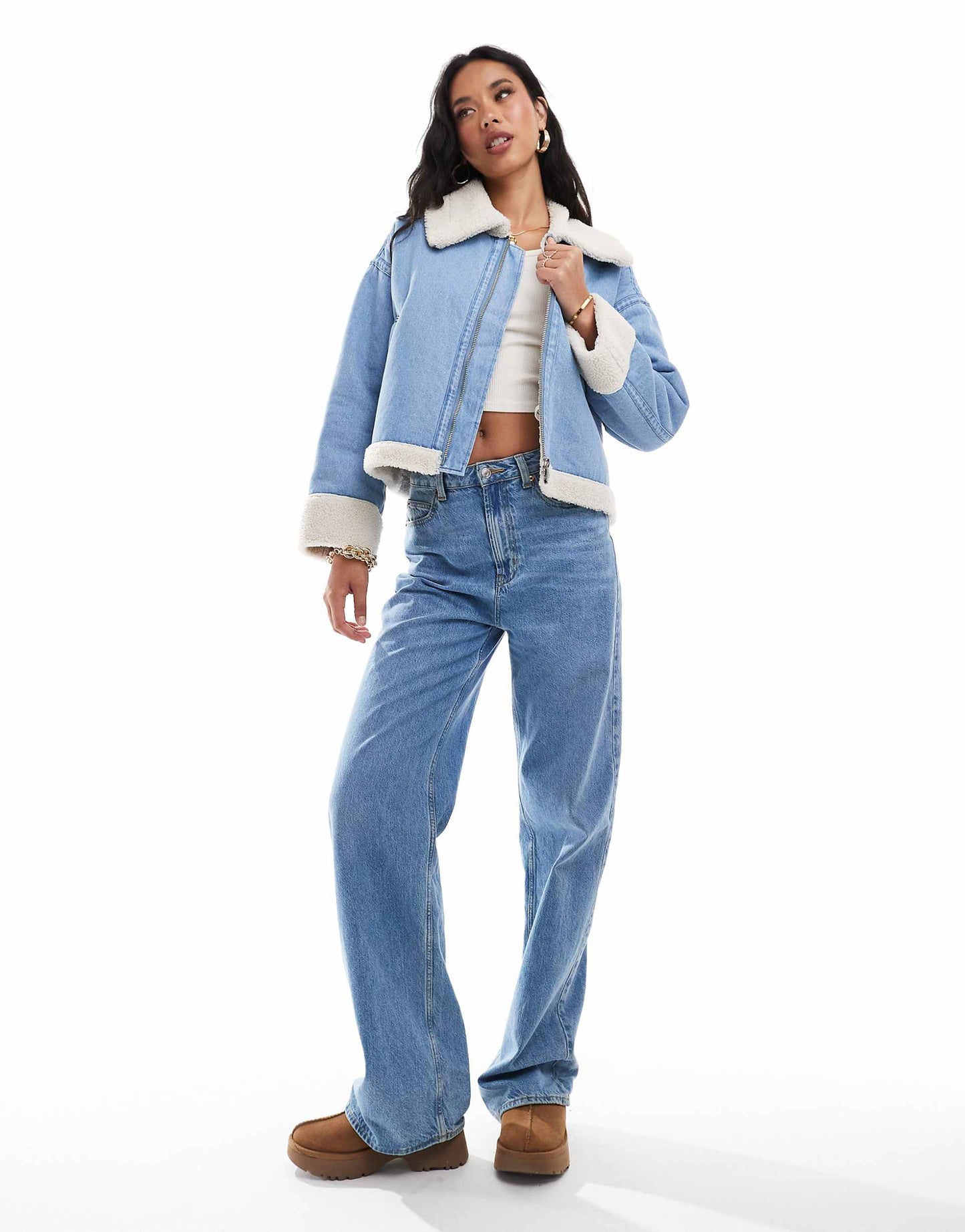 Cropped Denim Borg Trim Jacket