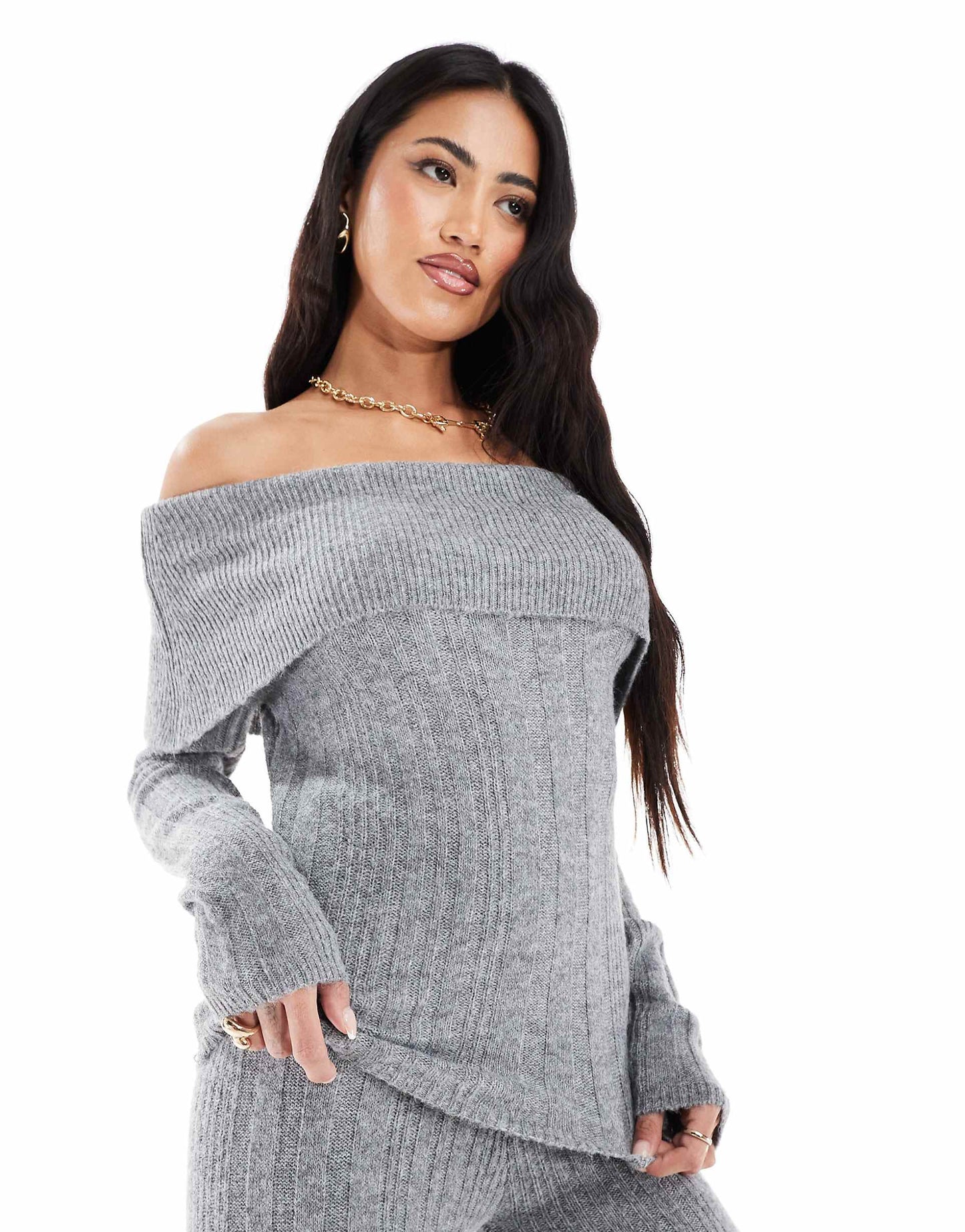 Foldover Bardot Rib Knitted Jumper Co-Ord