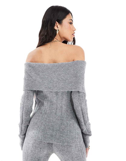 Foldover Bardot Rib Knitted Jumper Co-Ord