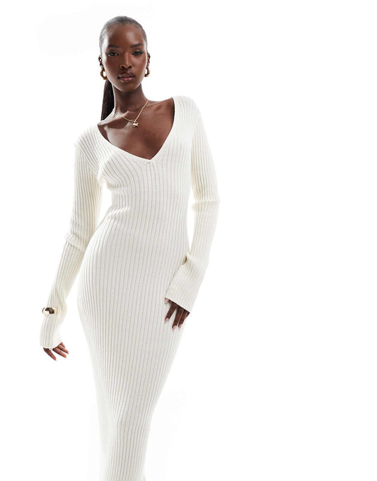 Soft Ribbed V Neck Maxi Jumper Dress