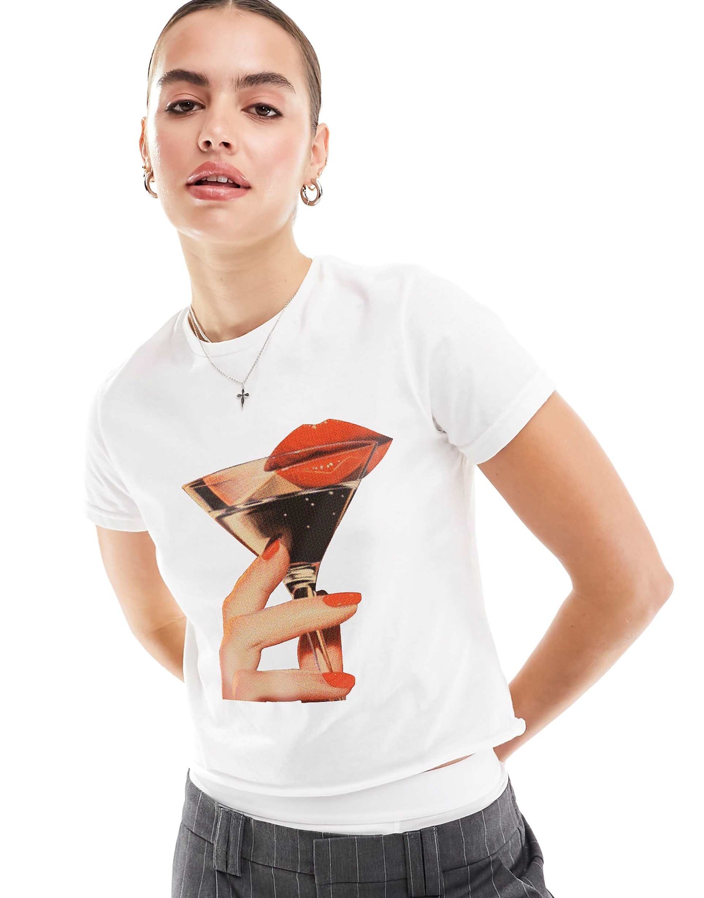 Baby Tee With Lips And Drink Graphic